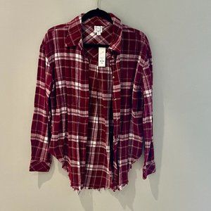 NWT Blue Rain distressed hem maroon and white plaid button-down SZ S